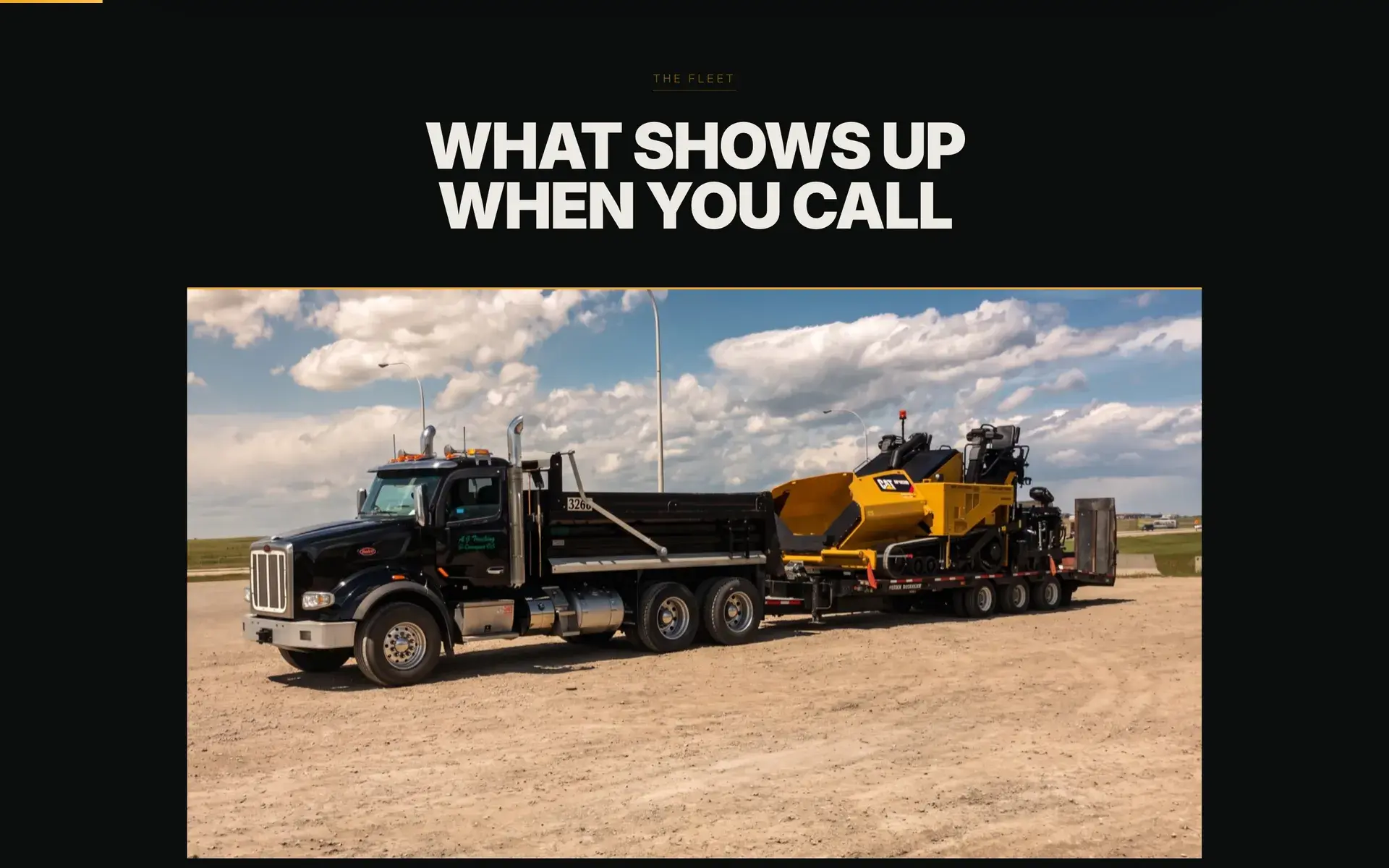 AF Hauling fleet section headed "What shows up when you call" with a black Peterbilt end dump hauling a Cat paver