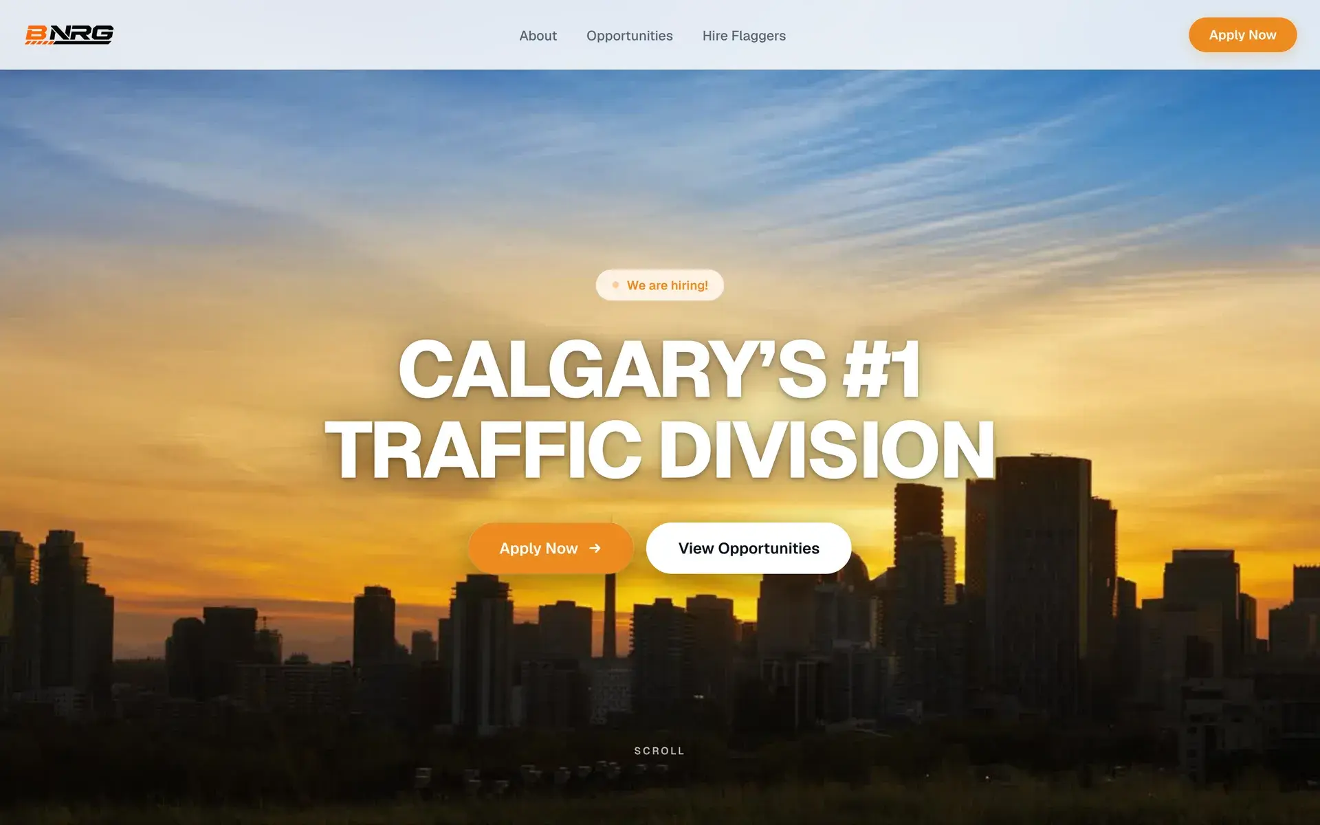 BNRG homepage hero with a Calgary skyline at sunset, the headline "Calgary's #1 Traffic Division" and Apply Now and View Opportunities buttons