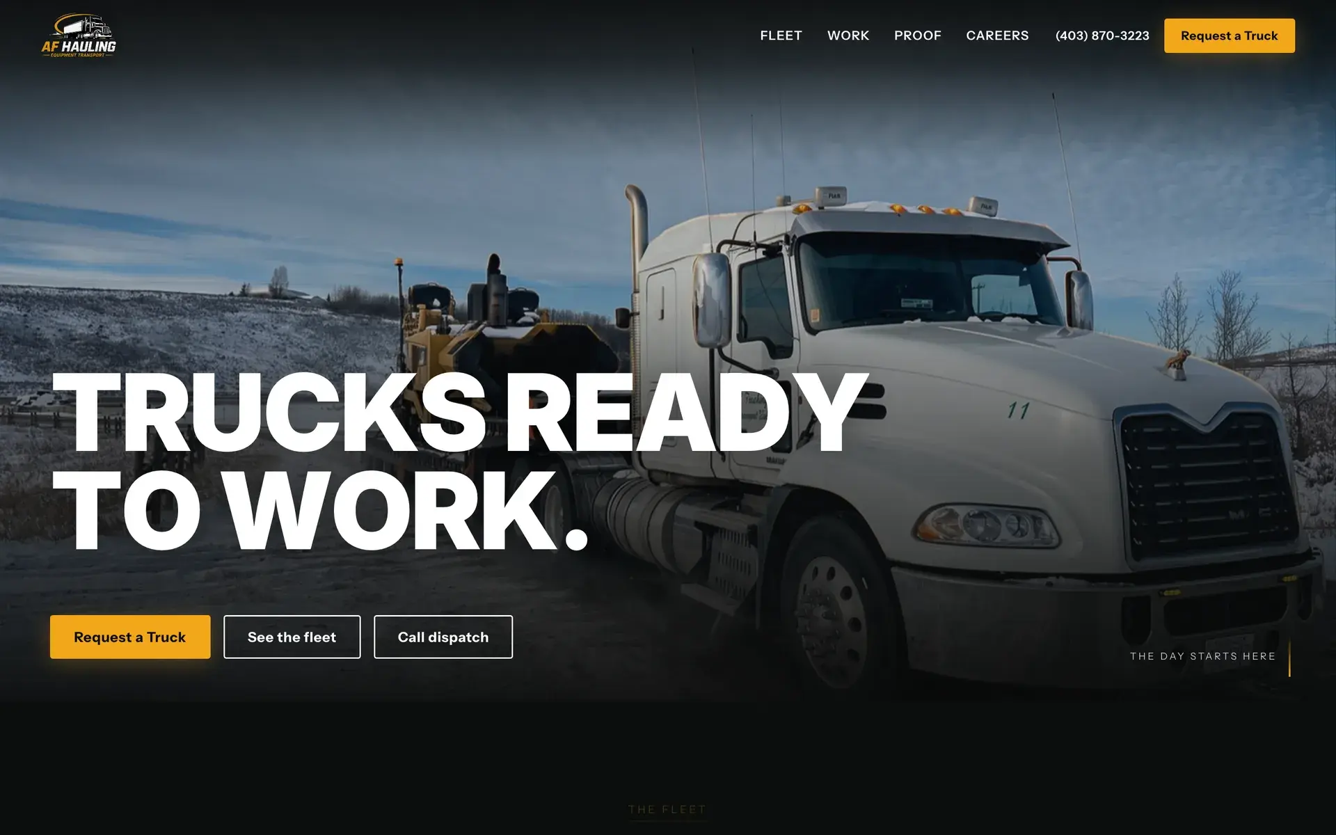 AF Hauling homepage hero with a white Mack highway tractor hauling a paver in winter and the headline "Trucks ready to work"
