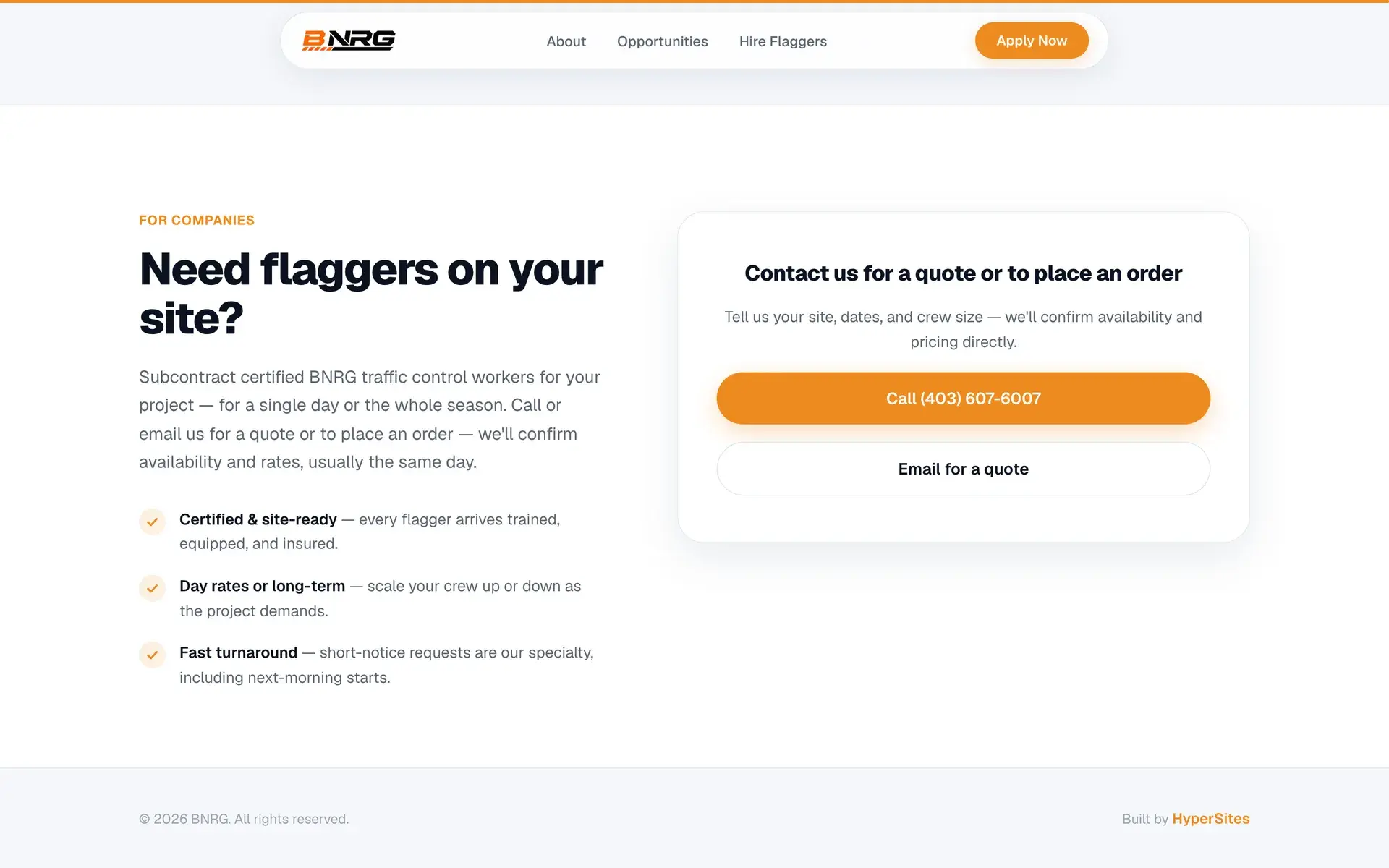 BNRG "Need flaggers on your site?" section with call and email-for-quote buttons