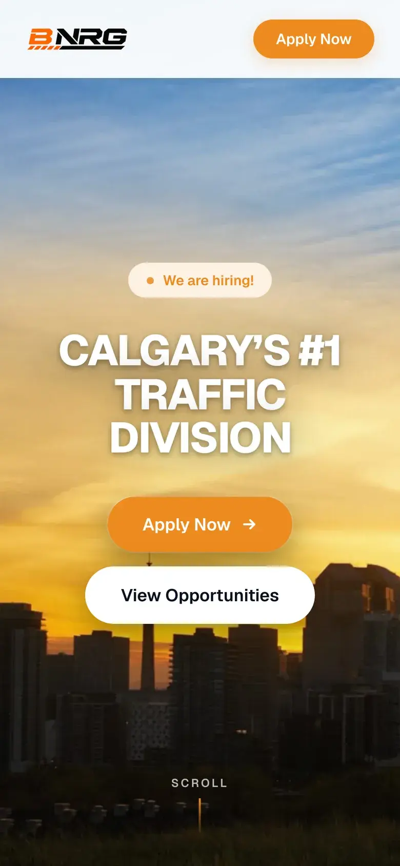 BNRG homepage on a phone showing the hiring badge, headline and two full-width buttons