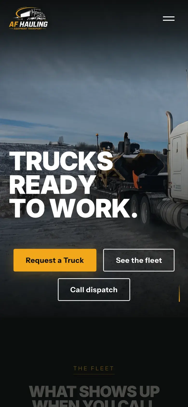 AF Hauling homepage on a phone with the headline and Request a Truck, See the fleet and Call dispatch buttons